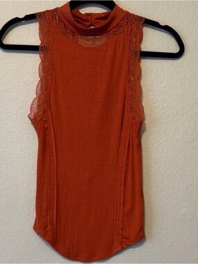 Free People Sleeveless Lace-Trim Mock Neck Top - Rust Orange xs